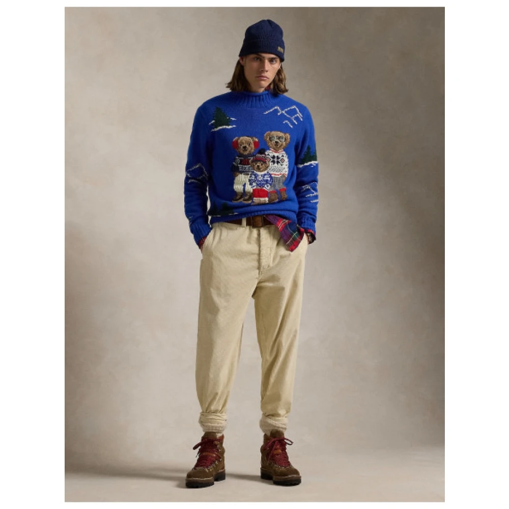 Polo Ralph Lauren Intarsia Wol Polo Bear Familie Trui Blue Heren