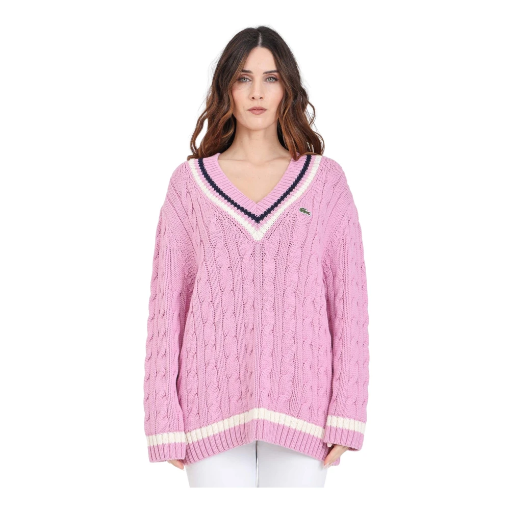 Lacoste Roze V-hals Sweater met Gevlochten Textuur Pink Dames