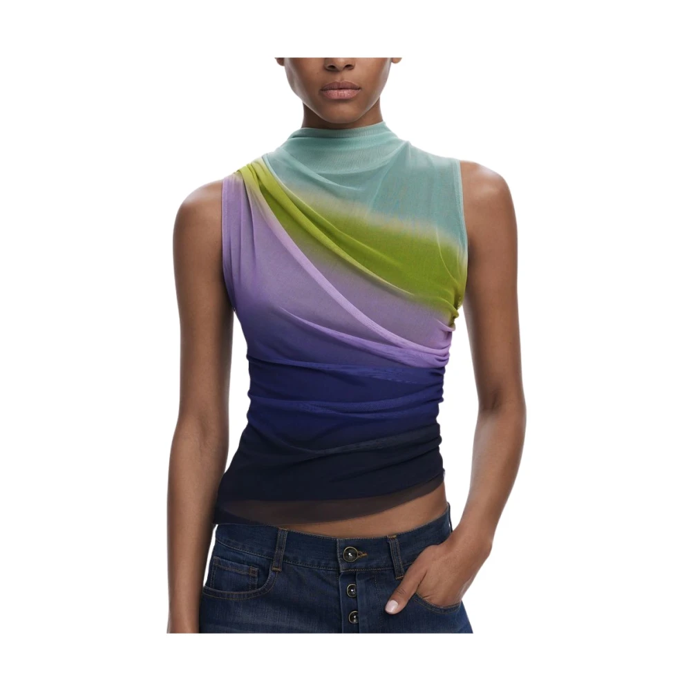 Desigual Women's Multicolor Sleeveless Tops,, Green Tank Top With Turtleneck Small