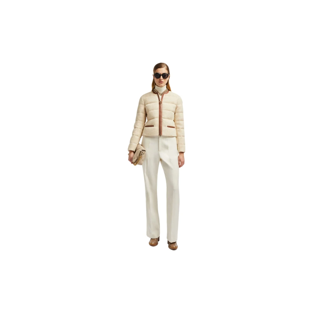 Moncler Beige Kort Donsjack met Leren Afwerking Brown Dames