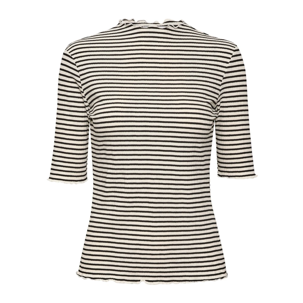 Karen by Simonsen Gestreepte T-shirt met Ruches Beige Dames