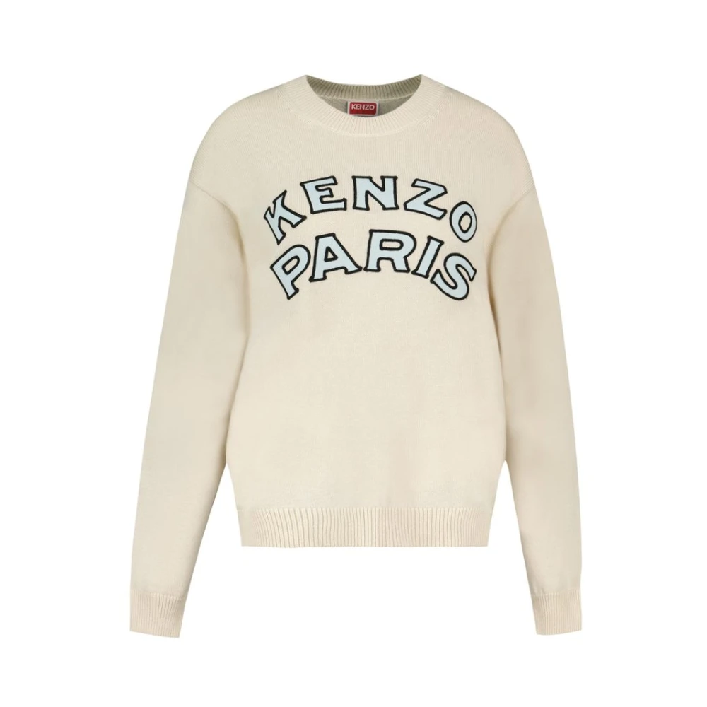 Kenzo Men's Beige Round-Neck Knitwear, M, Paris Emblem Jumper