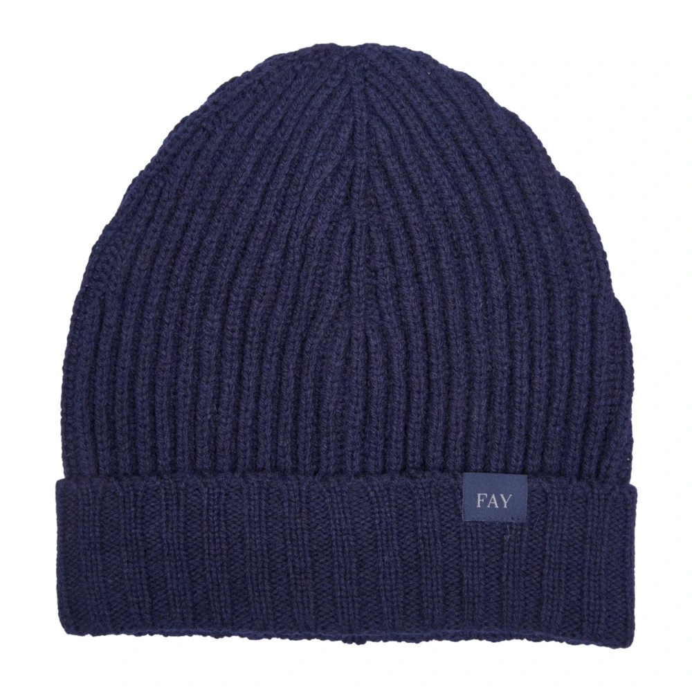 Fay Blauwe Rib Logo Wollen Muts Blue Heren