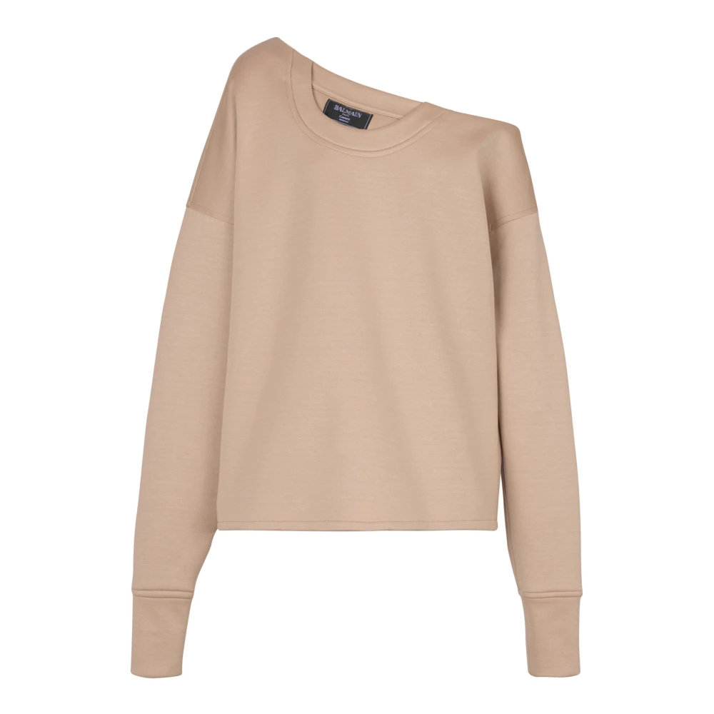 Balmain Asymmetrische jersey off-the-shoulder sweatshirt Beige Dames