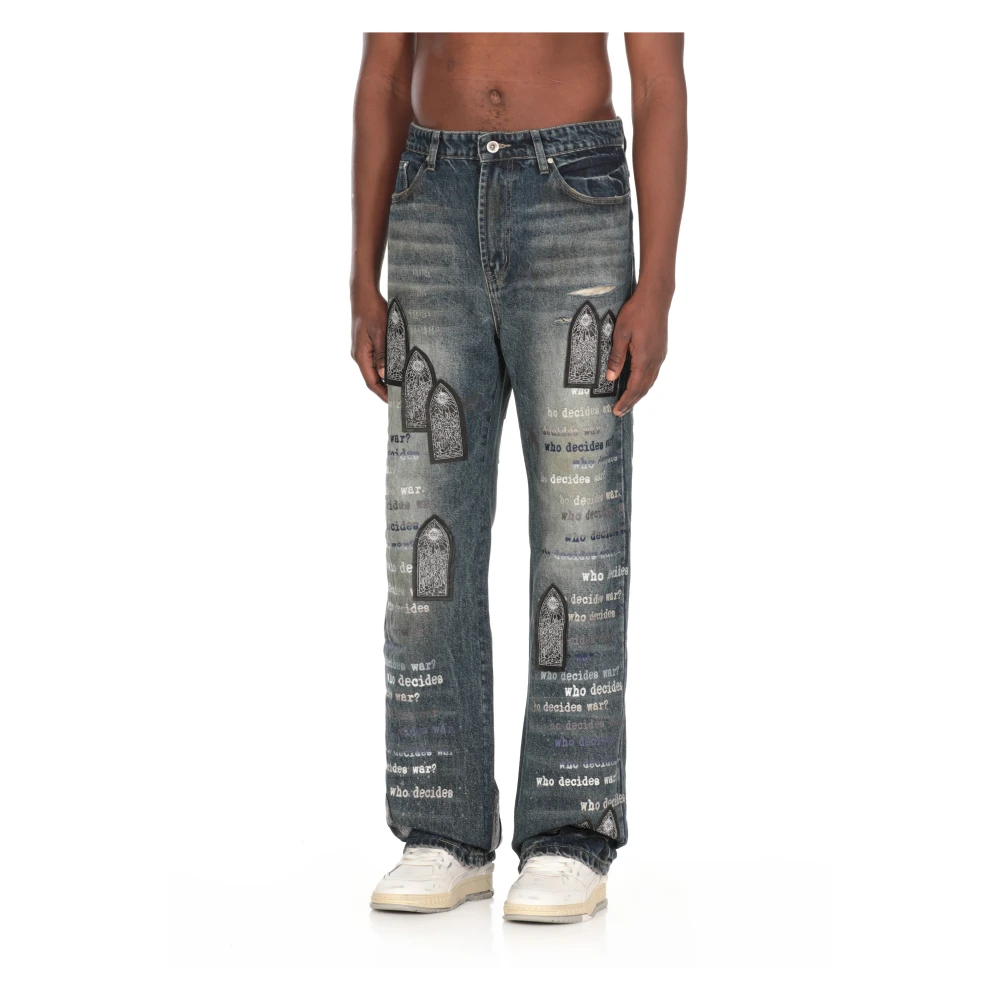 Who Decides War Blauwe Katoenen Jeans met Geborduurd Logo Blue Heren