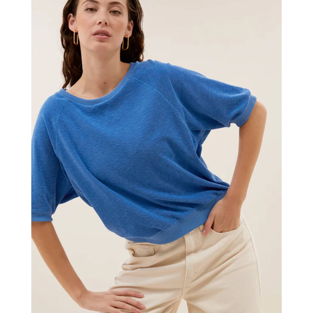 By-Bar Korte Mouw Slub Top Blue Dames
