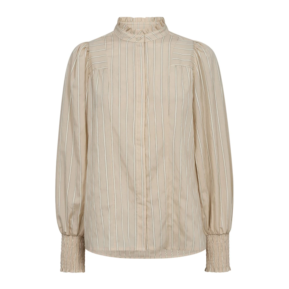 Co'Couture Gestreepte Overhemdblouse met Smock Manchetten Beige Dames