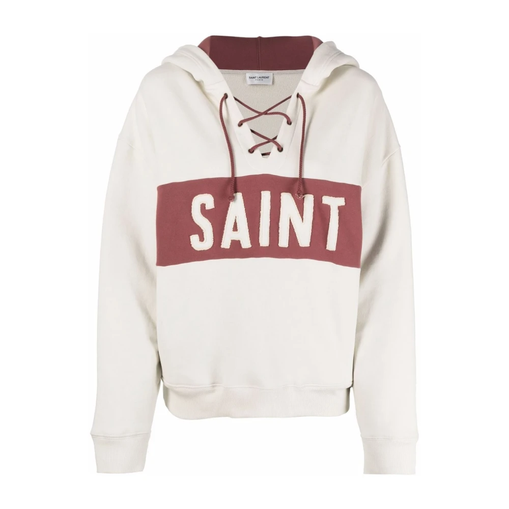 Saint Laurent Logo-Patch Lace-Fastening Hoodie Sweater Beige Dames
