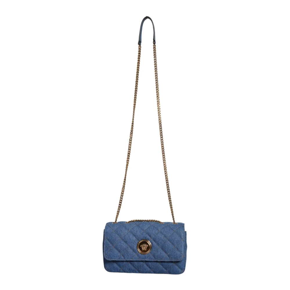 Versace Gewatteerde Denim Leren Crossbody Tas Blue Dames