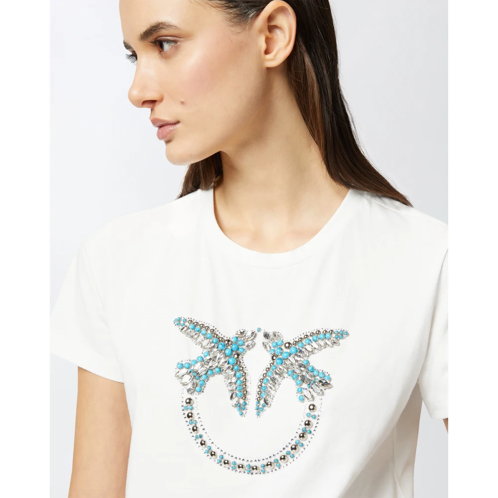 pinko Love Birds Geborduurde T-shirts White Dames