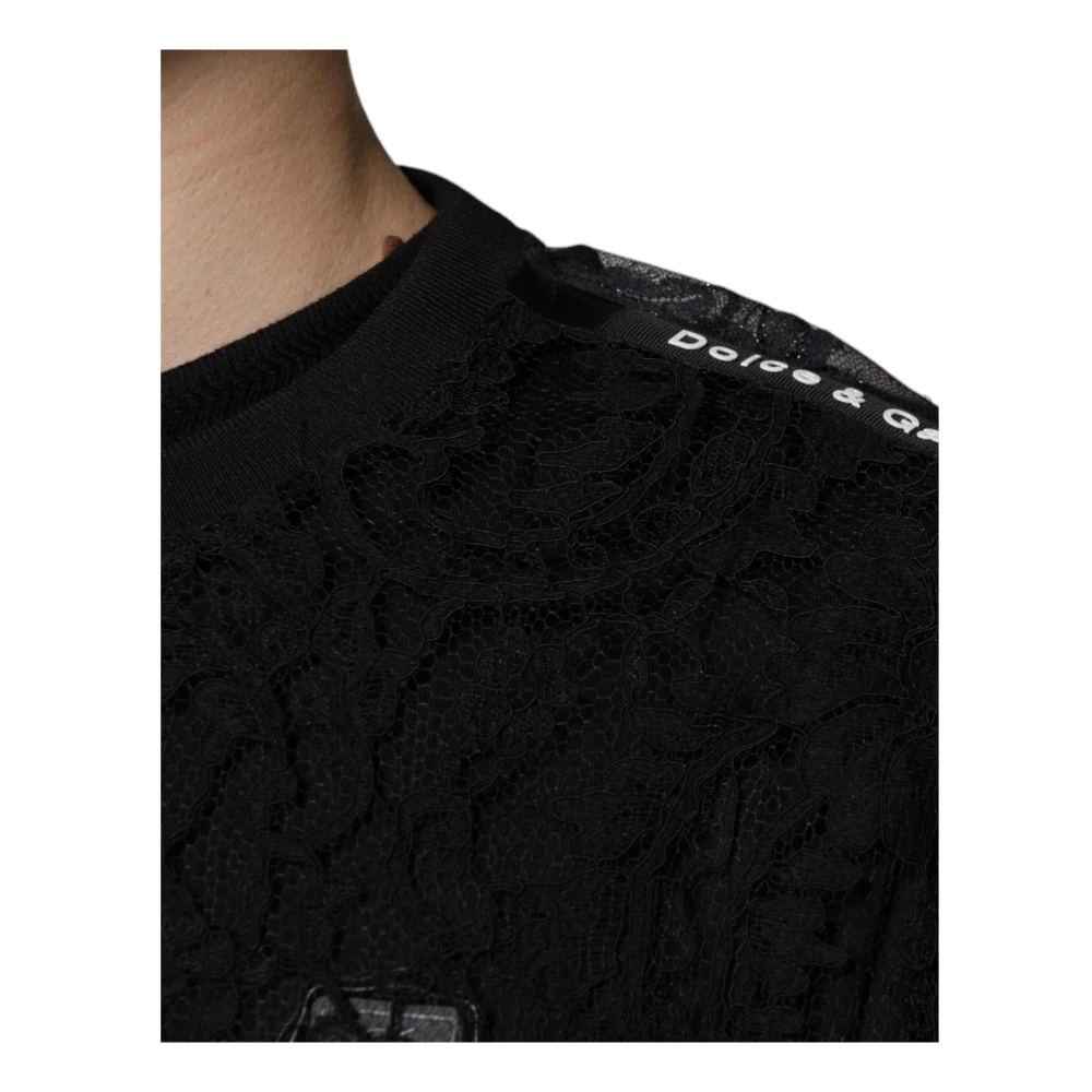 Dolce & Gabbana Zwarte Kant Crew Neck T-shirt met Logo Black Heren