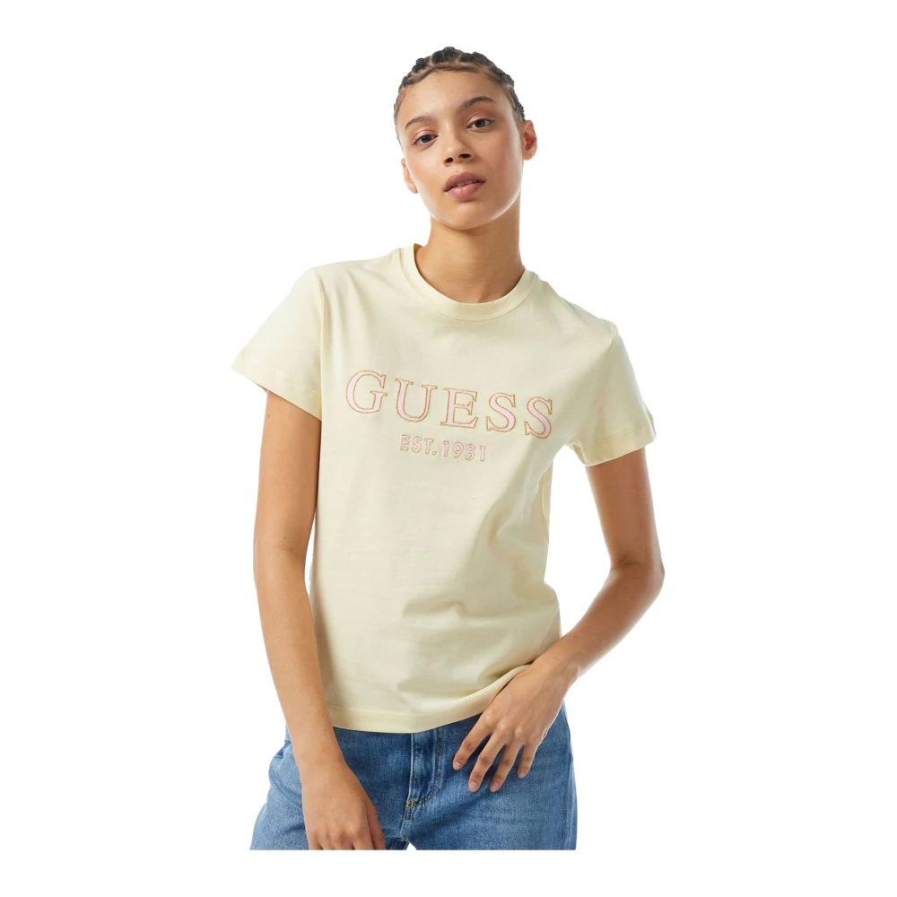 Guess Geborduurd Paillet Logo T-shirt Beige Dames