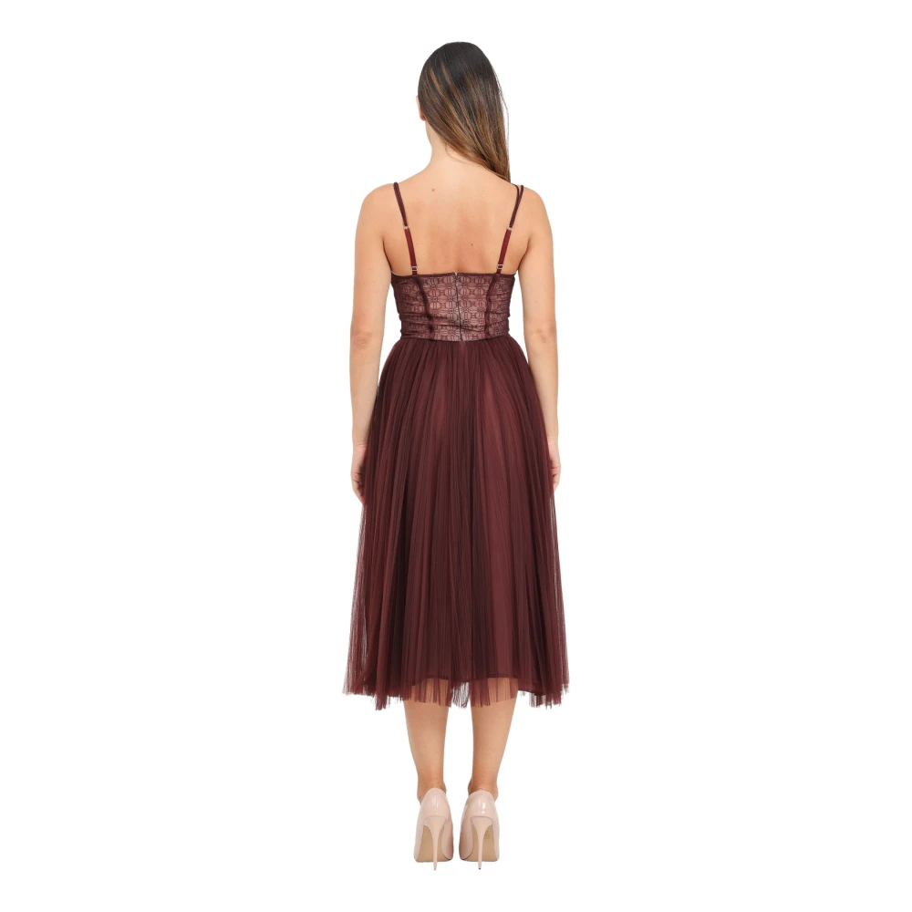 Elisabetta Franchi Bordeaux Tule Midi Jurk met Geplooide Rok Red Dames