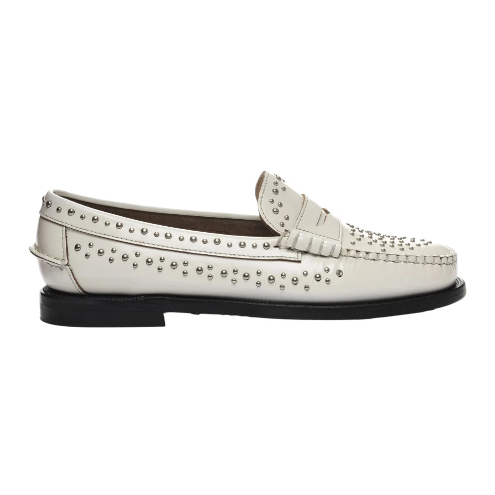 Sebago Women's White Loafers,, Flat Shoes With Dan Studs Size 4 Uk