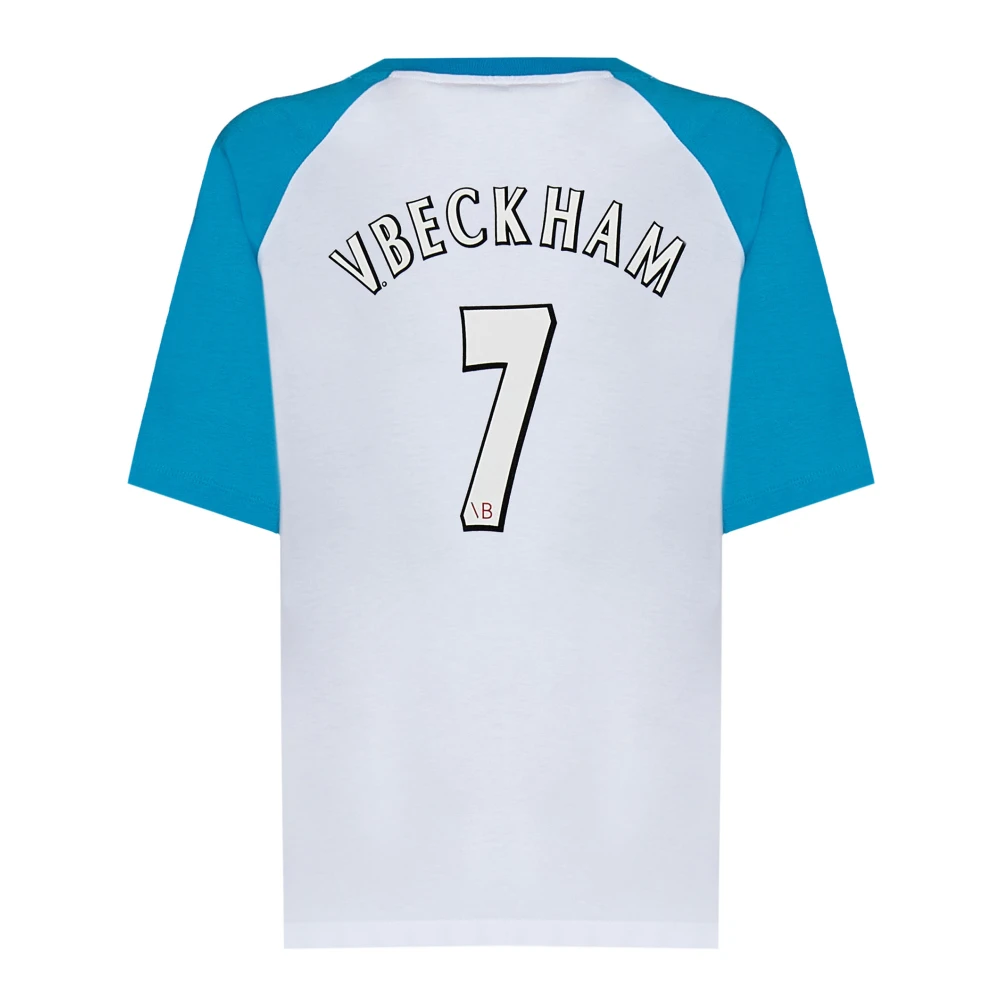Victoria Beckham Witte Geribbelde V-hals T-shirt met Blauwe Mouwen White Dames