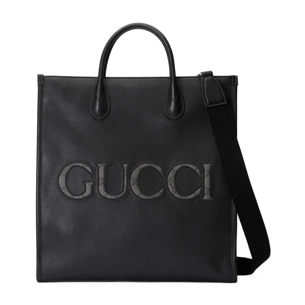Gucci Herren Schwarz Tote Bag Aus Genarbtem Leder Mit Geprägtem Logo