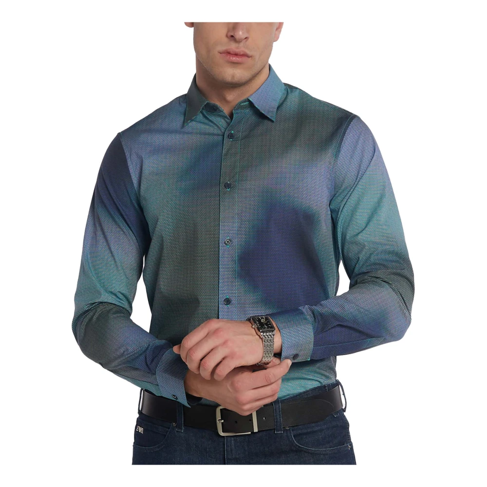 Armani Exchange Klieke Blauwe Overhemd met Kraagknoop Multicolor Heren