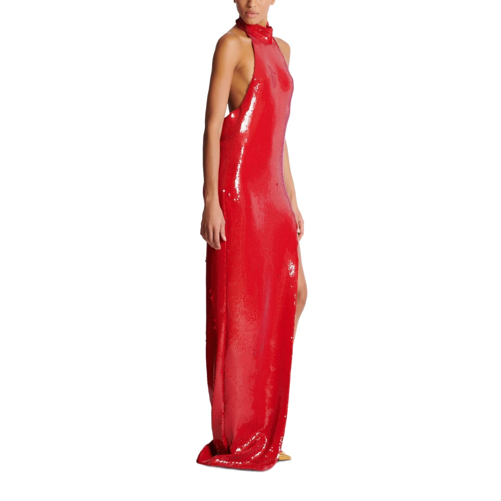 Balmain Lange pailletten halternek jurk Red Dames