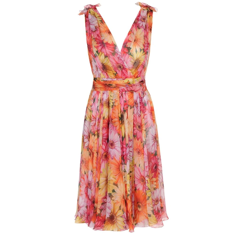 Dolce & Gabbana Vrouw Multicolor Kleedjes Dames, Veelkleurig, M, Zijden Jurk Met Bloemenprint En Strik