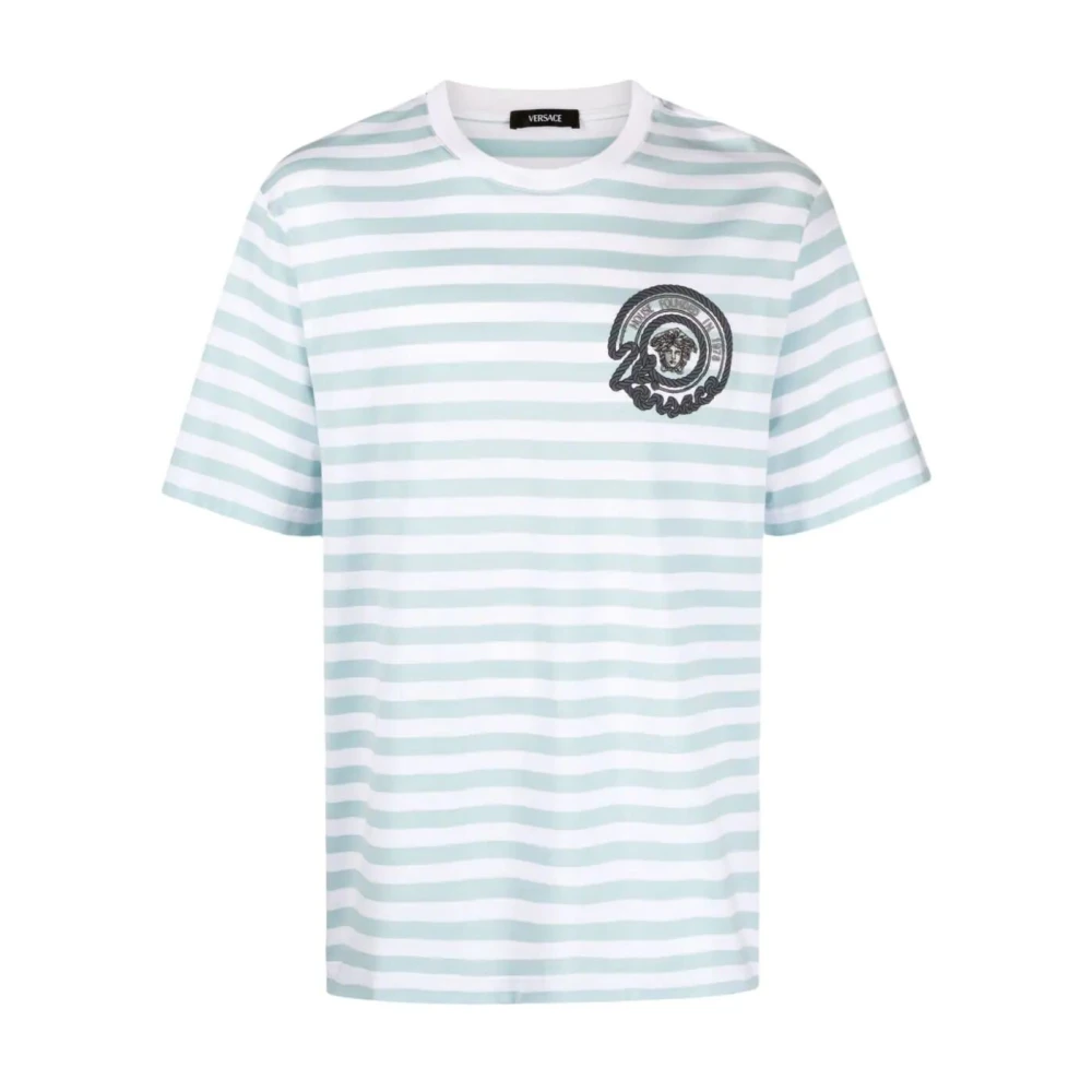 Versace Randig Jerseytyg T-shirt med Broderad Nautisk Emblem White, Herr