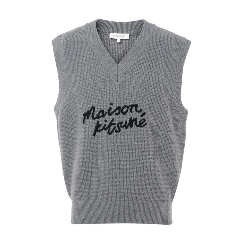 Maison Kitsuné Grijze Wollen Vest met Geborduurd Logo Gray Heren