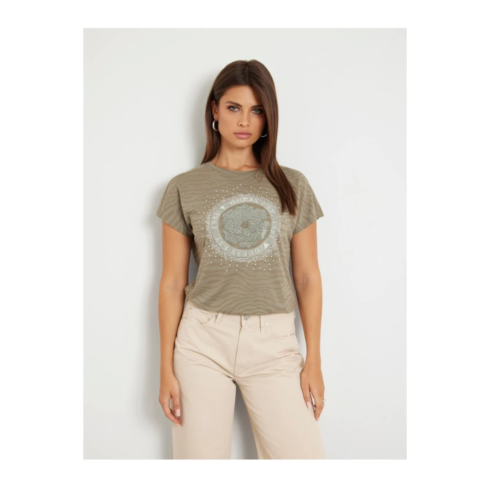 Guess Vloeibaar Logo Strass T-shirt Green Dames