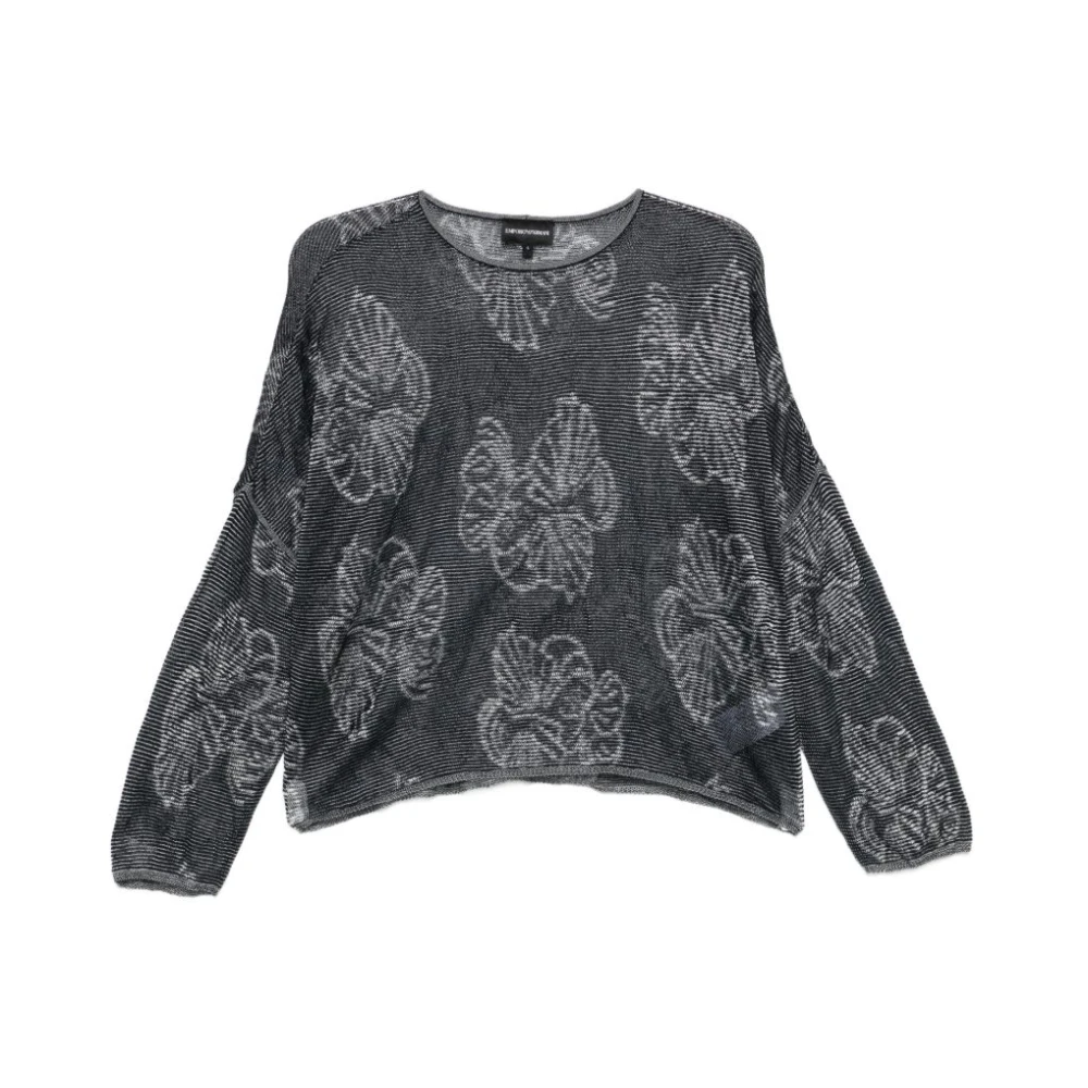 Emporio Armani Women's Blue Two-Tone Floral Jacquard Jumper - Round-Neck Knitwear - M - Knitwear