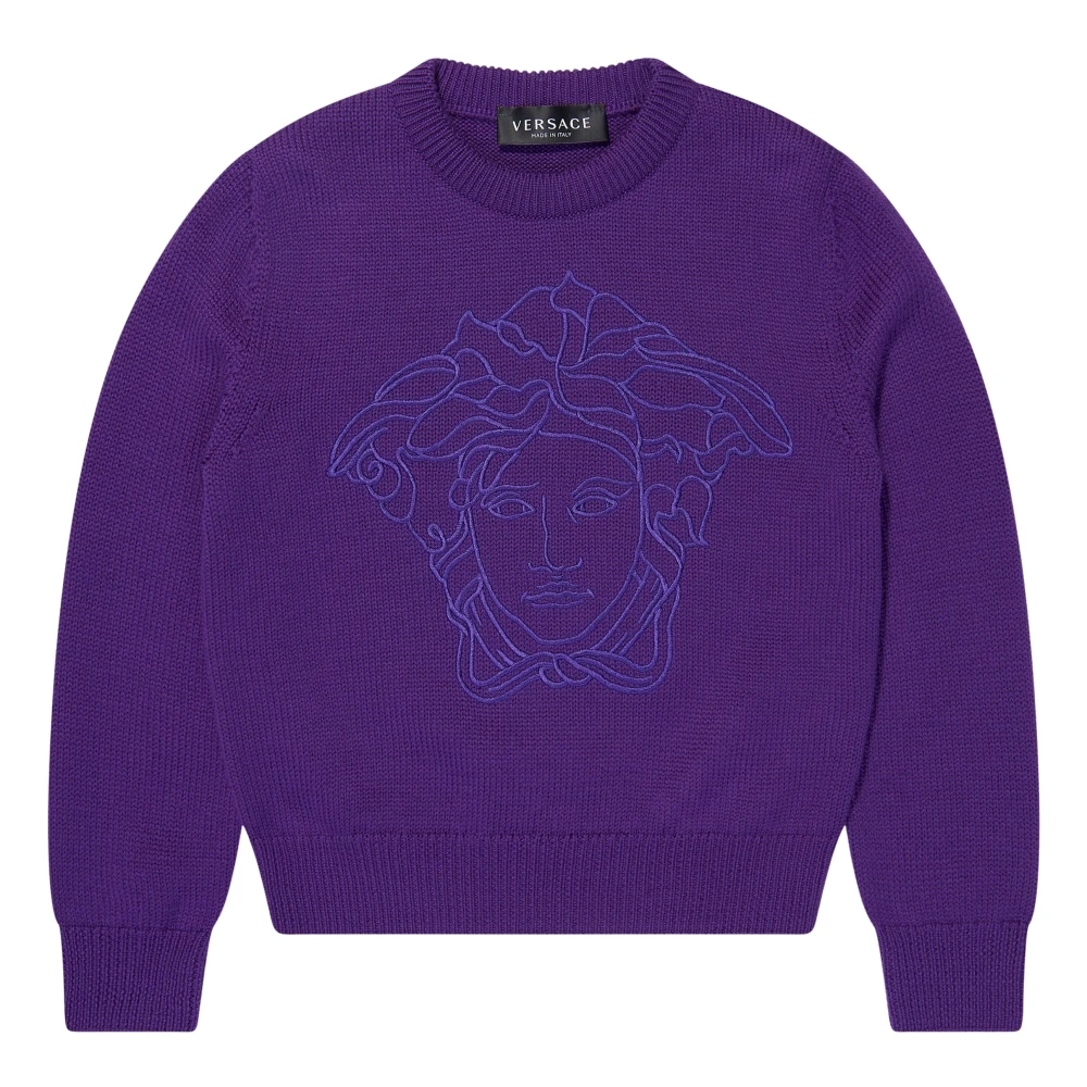 Versace Girls Purple Wool Logo Jumper In Size 6 Y
