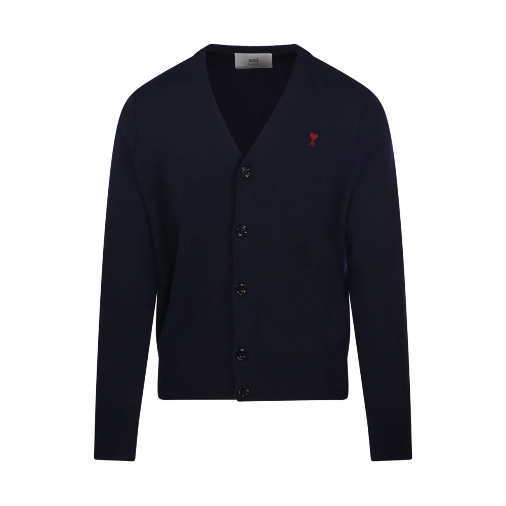 Ami Paris Men's Black Cardigans, L, Merino V-Neck Cardigan In Navy/Red