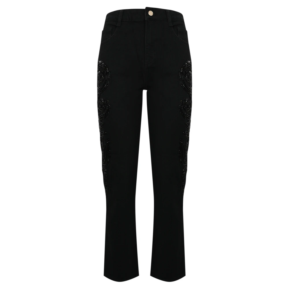 Blugirl Zwarte Denim Wortelbroek met Bloemenborduursel Black Dames