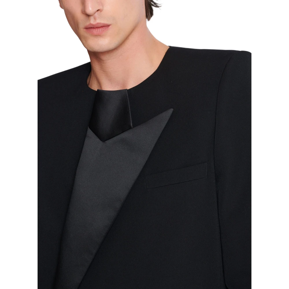 Balmain Geknipte grain de poudre jas met asymmetrische kraag Black Heren
