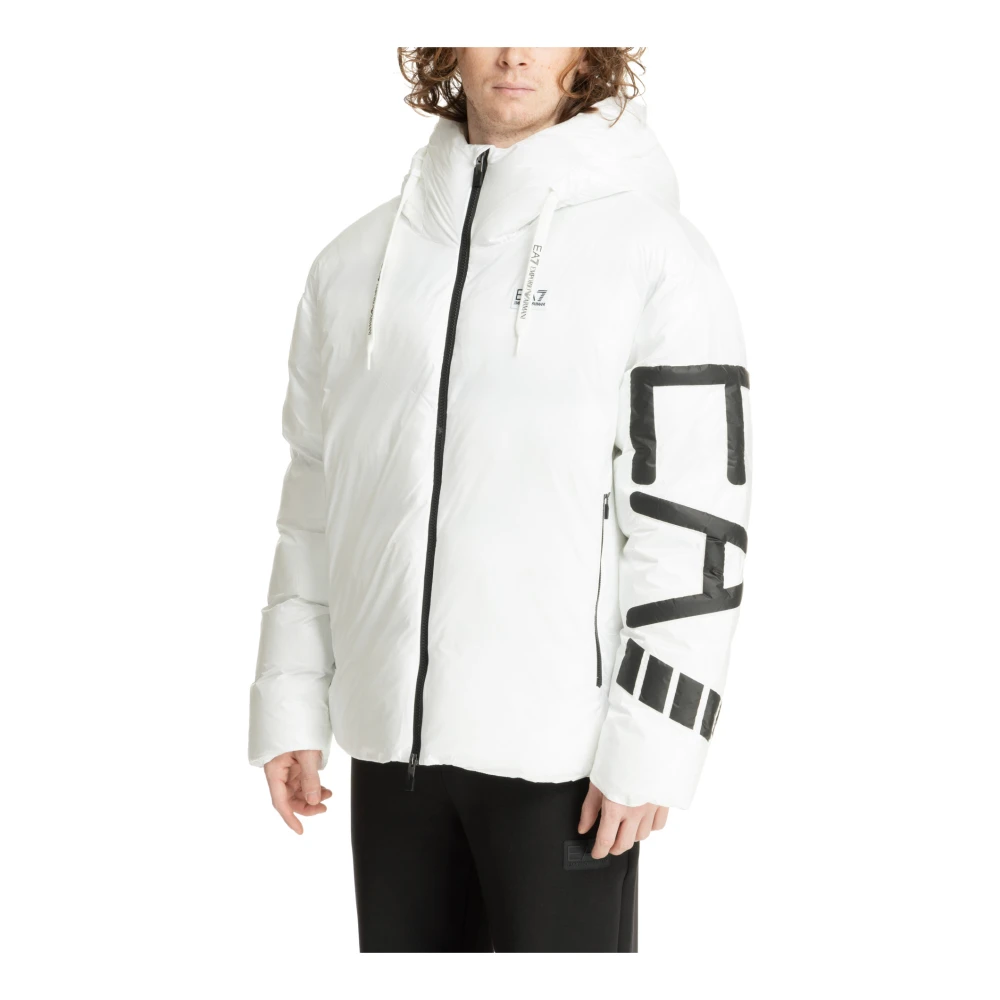 Emporio Armani EA7 Gewatteerde jas met capuchon en rits White Heren