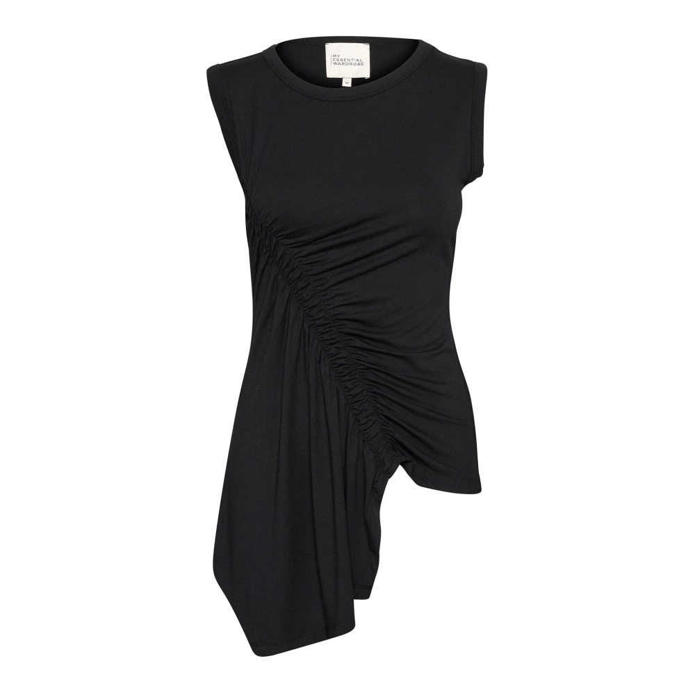 My Essential Wardrobe Zwarte Asymmetrische Top met Gerimpelde Details Black Dames