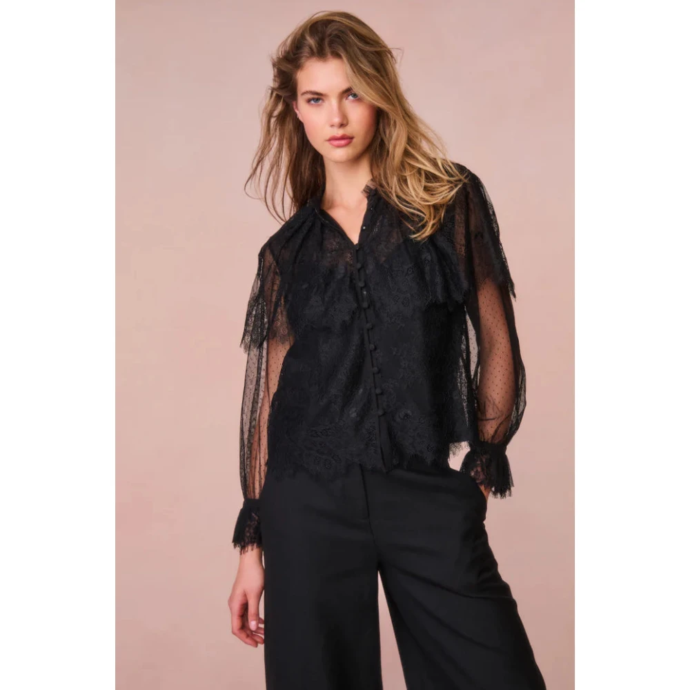 Loveshackfancy Doorschijnende Kant Duquette Ruche Blouse Black Dames
