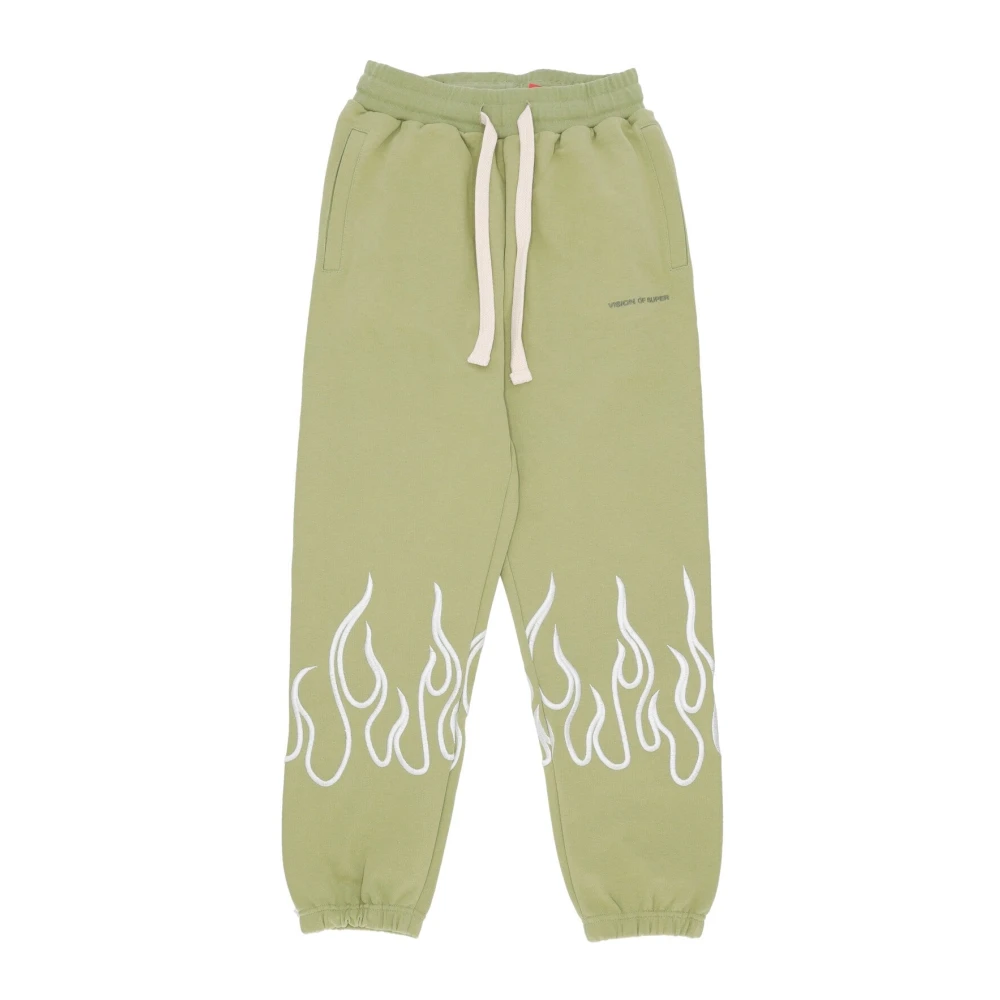 Vision Of Super Men's Green Sweatpants, M, Flame Embroidered Tracksuit Trousers