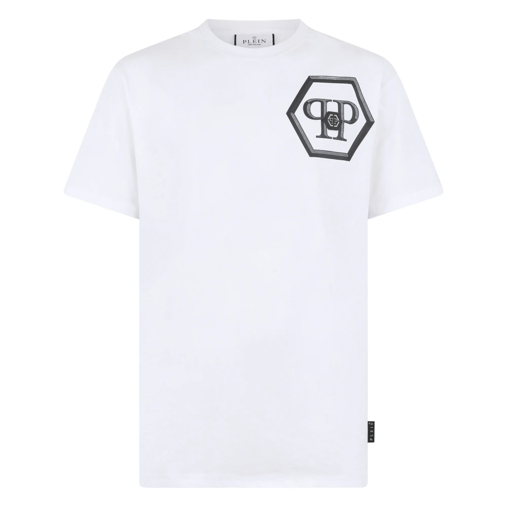 Philipp Plein Men's White Round Neck T-Shirt Lines Hexagon - T-Shirts - L - Tops