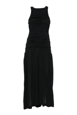 black-cotton-ruched-long-dress