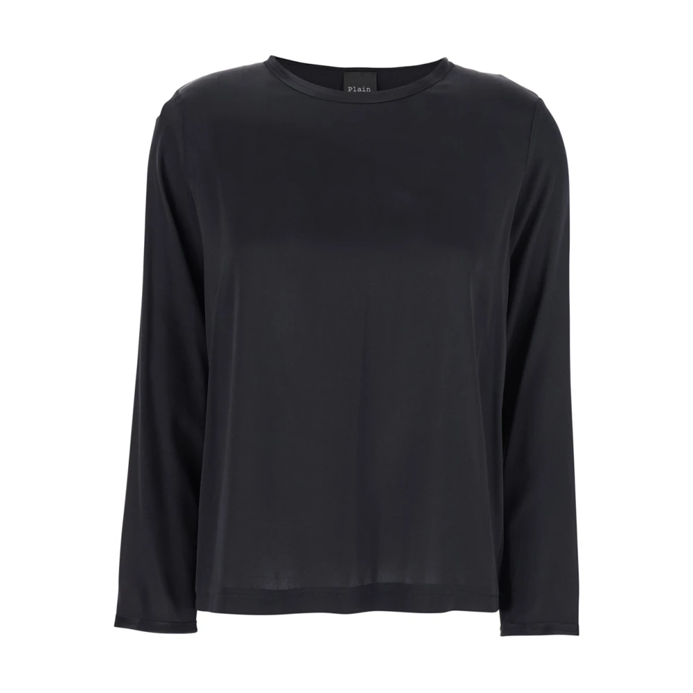 Plain Units Zwarte Zijden Blouse met Lange Mouwen Black Dames