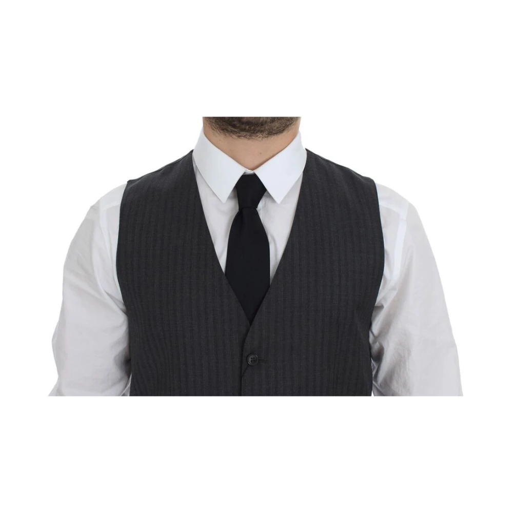 Dolce & Gabbana Elegante Grijze Gestreepte Wollen Jurk Vest Gray Heren