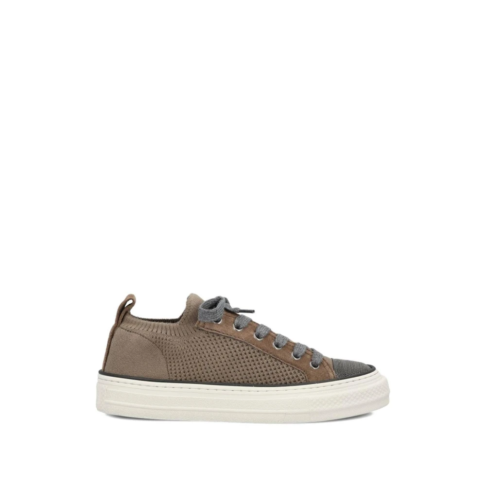 Brunello Cucinelli Mixed Media Sneakers met veters Dames Schoenen Bruin