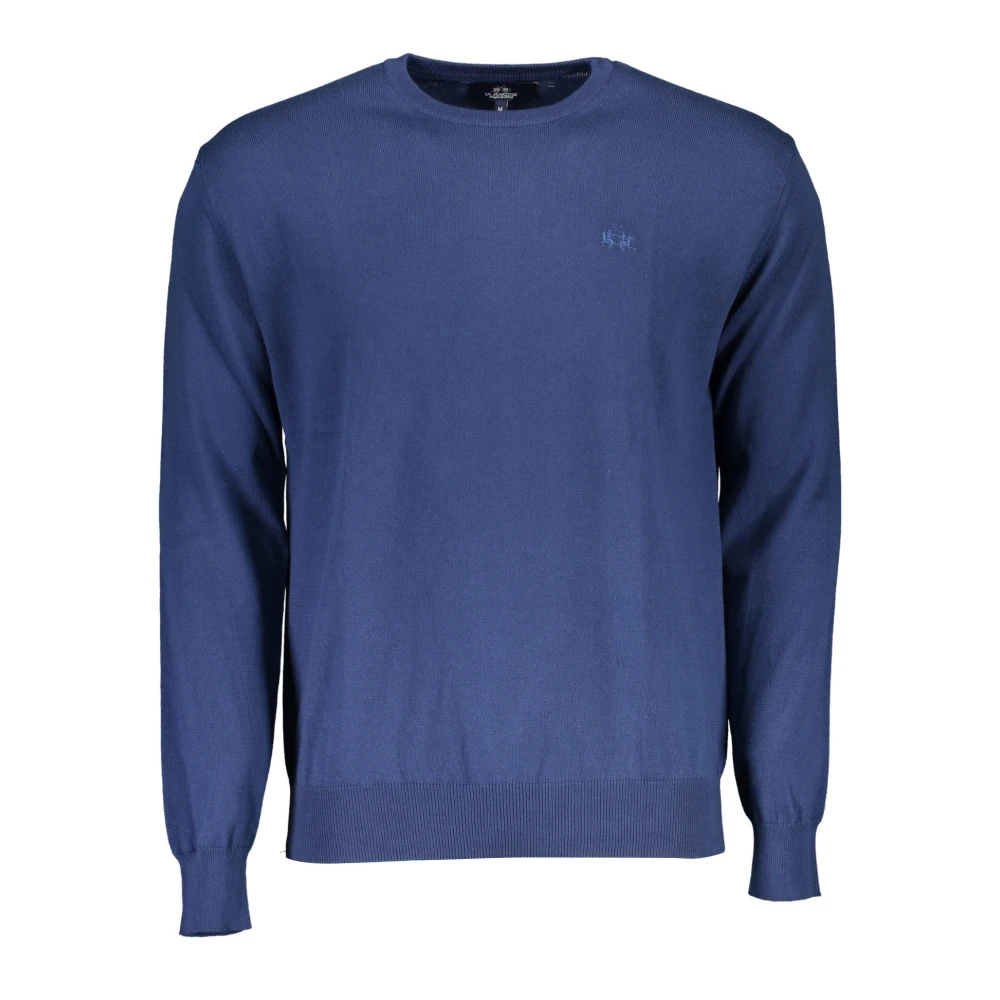 La Martina Men's Blue Round-Neck Knitwear,, Long Sleeve Embroidered Jumper Small