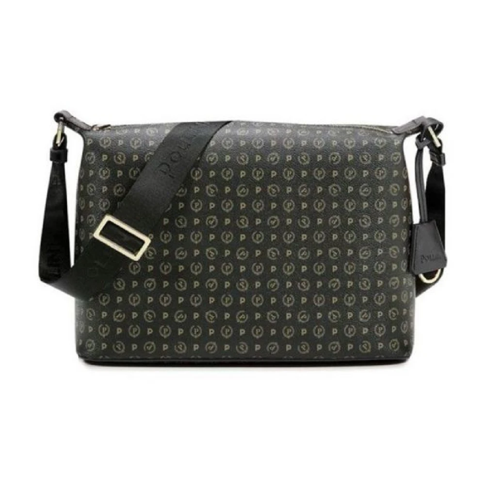 Pollini Donna Nero Elegante Borsa A Spalla Nera Con Stampa Heritage E Inserti Neri