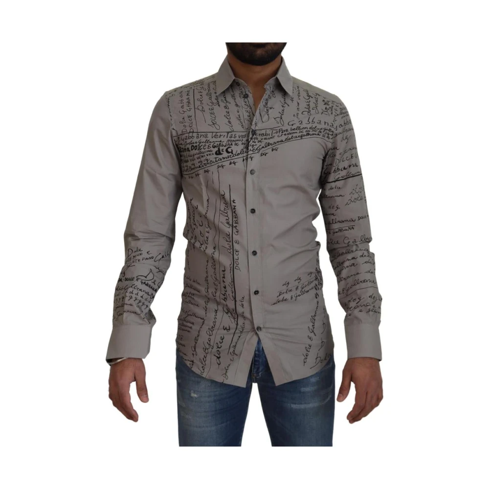 Dolce & Gabbana Men's Gray Casual Shirts,, Grey Cotton Logo Dress Shirt Extra Small