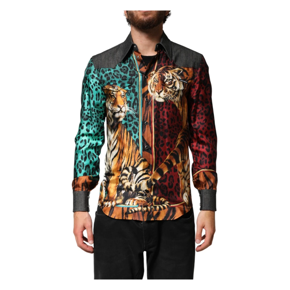 Dolce & Gabbana Men's Tiger Leopard Print Silk Shirt