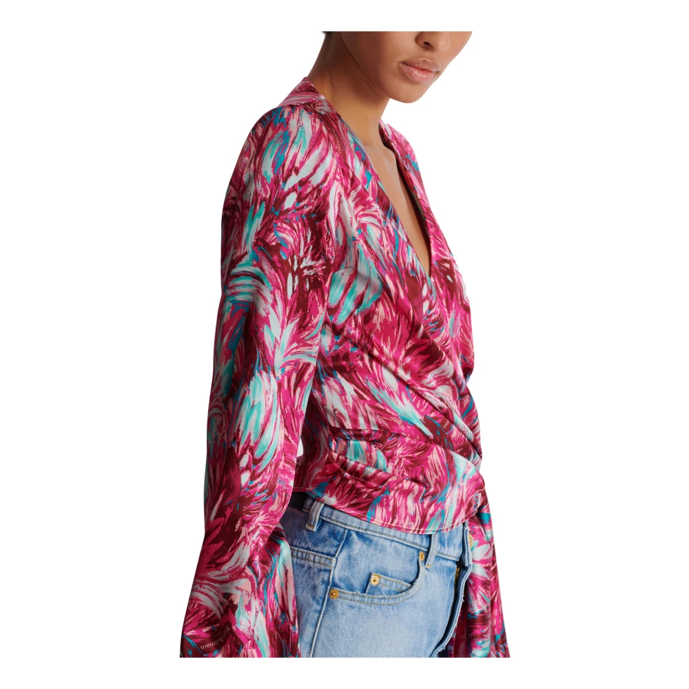 Balmain Verenprint satijnen wikkelblouse Pink Dames