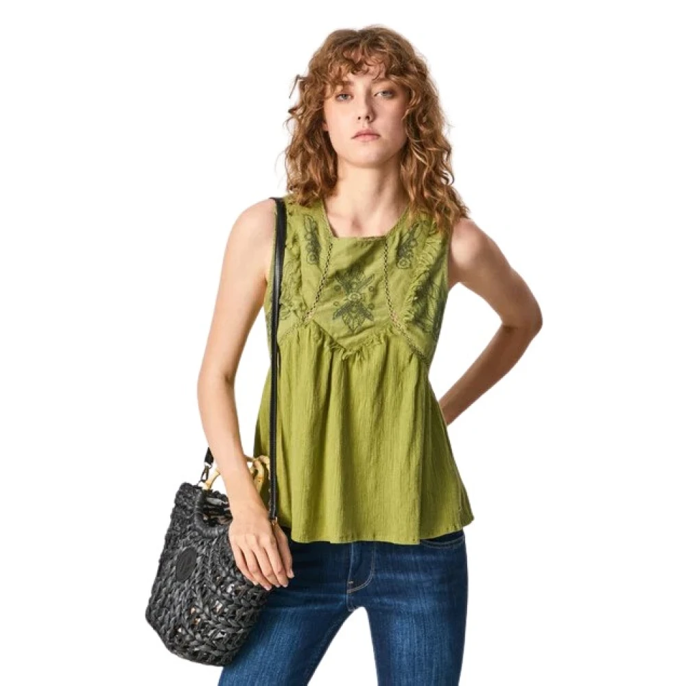Pepe Jeans Women's Green Sleeveless Tops, M, Top Lisle