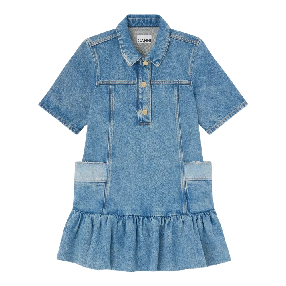 Ganni Donna Blu - Abito Corto In Denim Con Peplo Patchwork - Dresses - S - Immagine 1