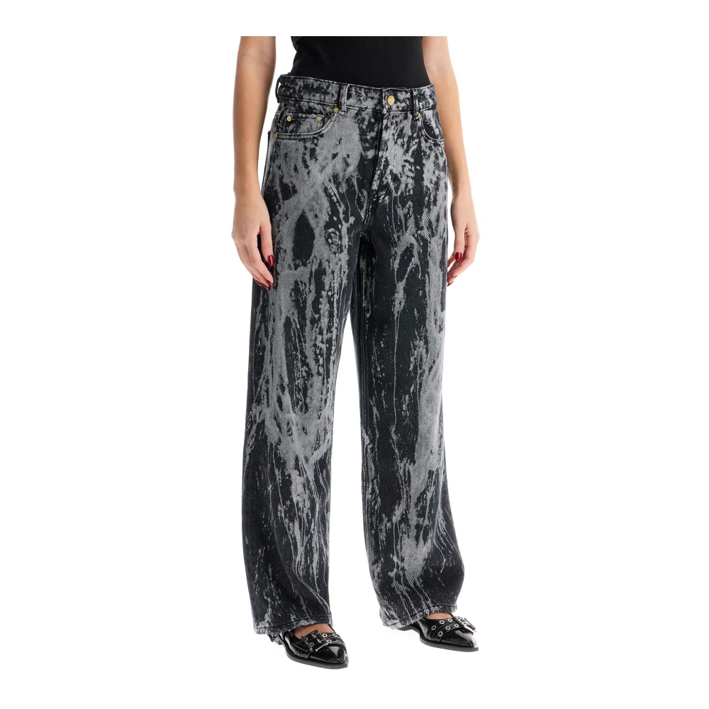 Ganni Marmer Effect Tie-Dye Wide Leg Jeans Black Dames