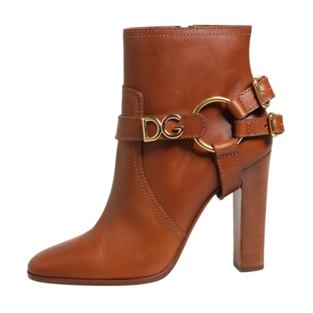Dolce & Gabbana Women's Brown Leather Logo Buckle Ankle Boots