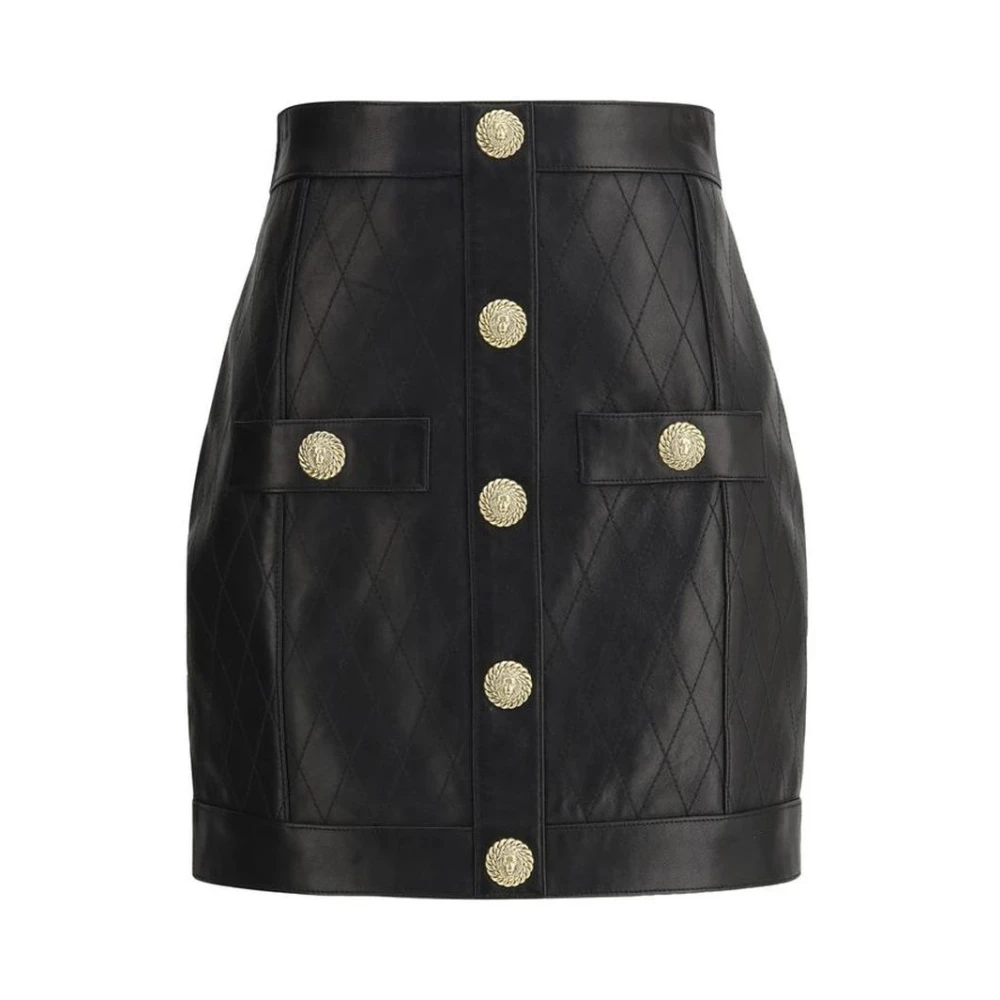 Balmain Gewatteerde Leren Minirok Met Knoopdetails Black Dames